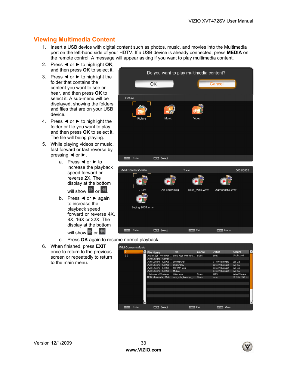 Viewing multimedia content | Vizio XVT472SV User Manual | Page 33 / 83