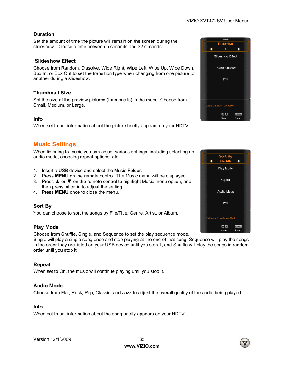 Music settings | Vizio XVT472SV User Manual | Page 35 / 83