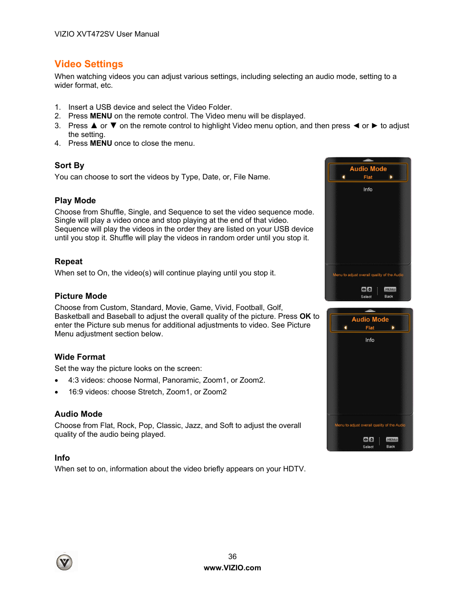 Video settings | Vizio XVT472SV User Manual | Page 36 / 83