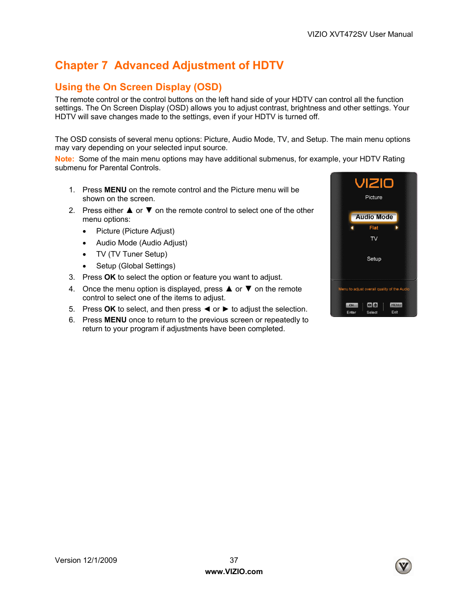 Chapter 7 advanced adjustment of hdtv, Using the on screen display (osd) | Vizio XVT472SV User Manual | Page 37 / 83