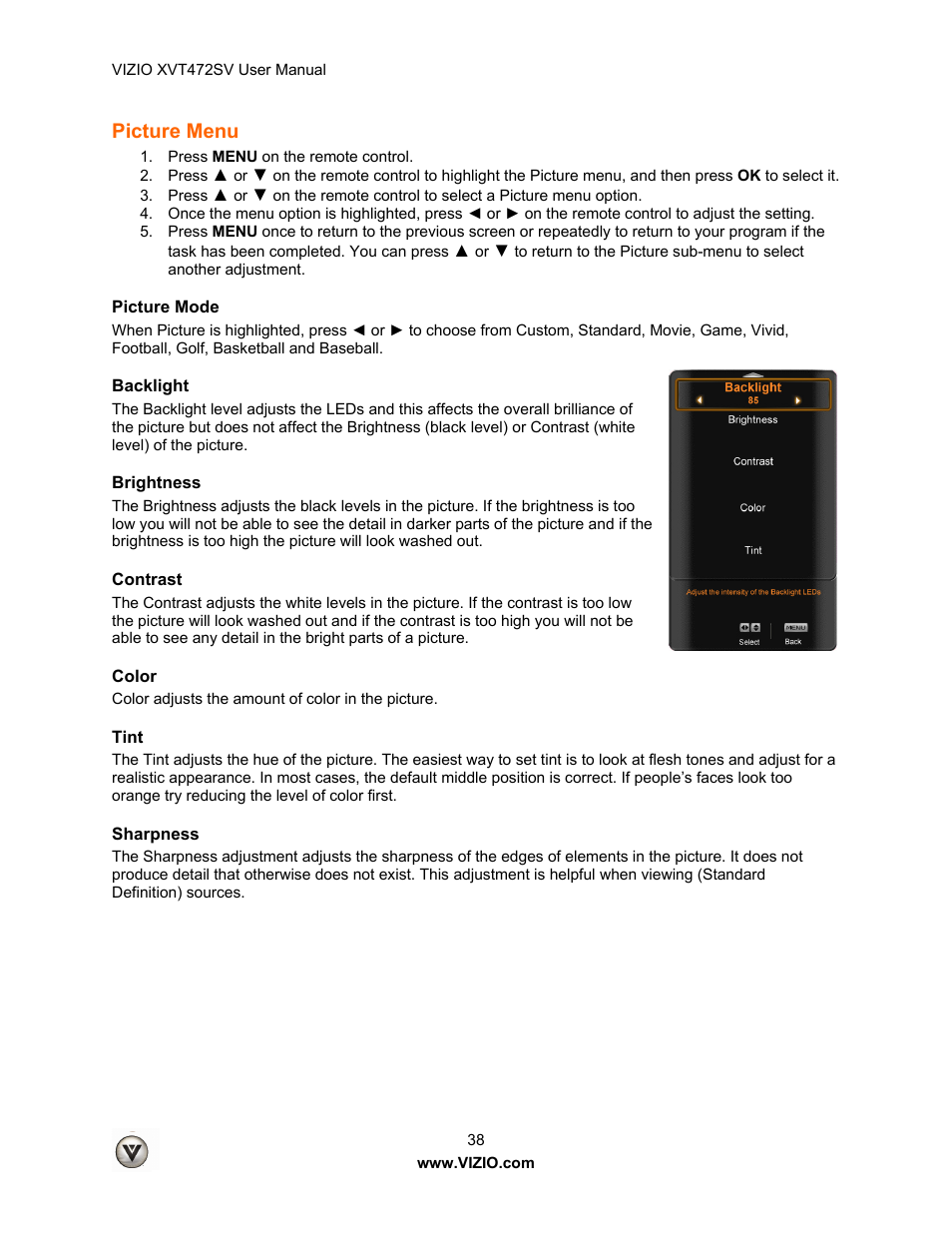 Picture menu | Vizio XVT472SV User Manual | Page 38 / 83