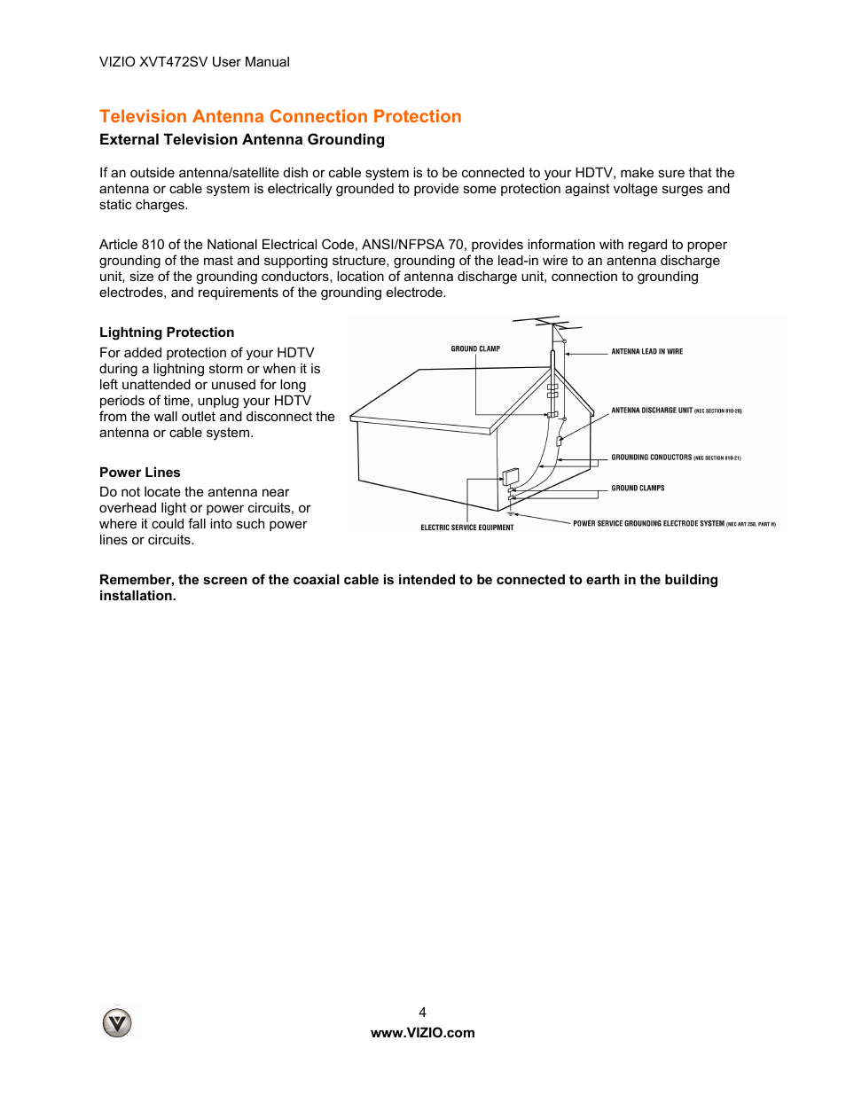Television antenna connection protection | Vizio XVT472SV User Manual | Page 4 / 83