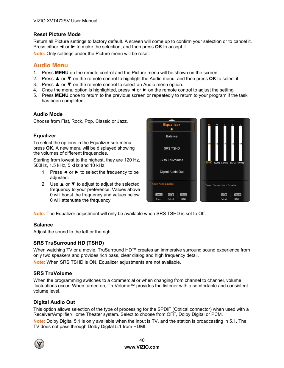 Audio menu | Vizio XVT472SV User Manual | Page 40 / 83