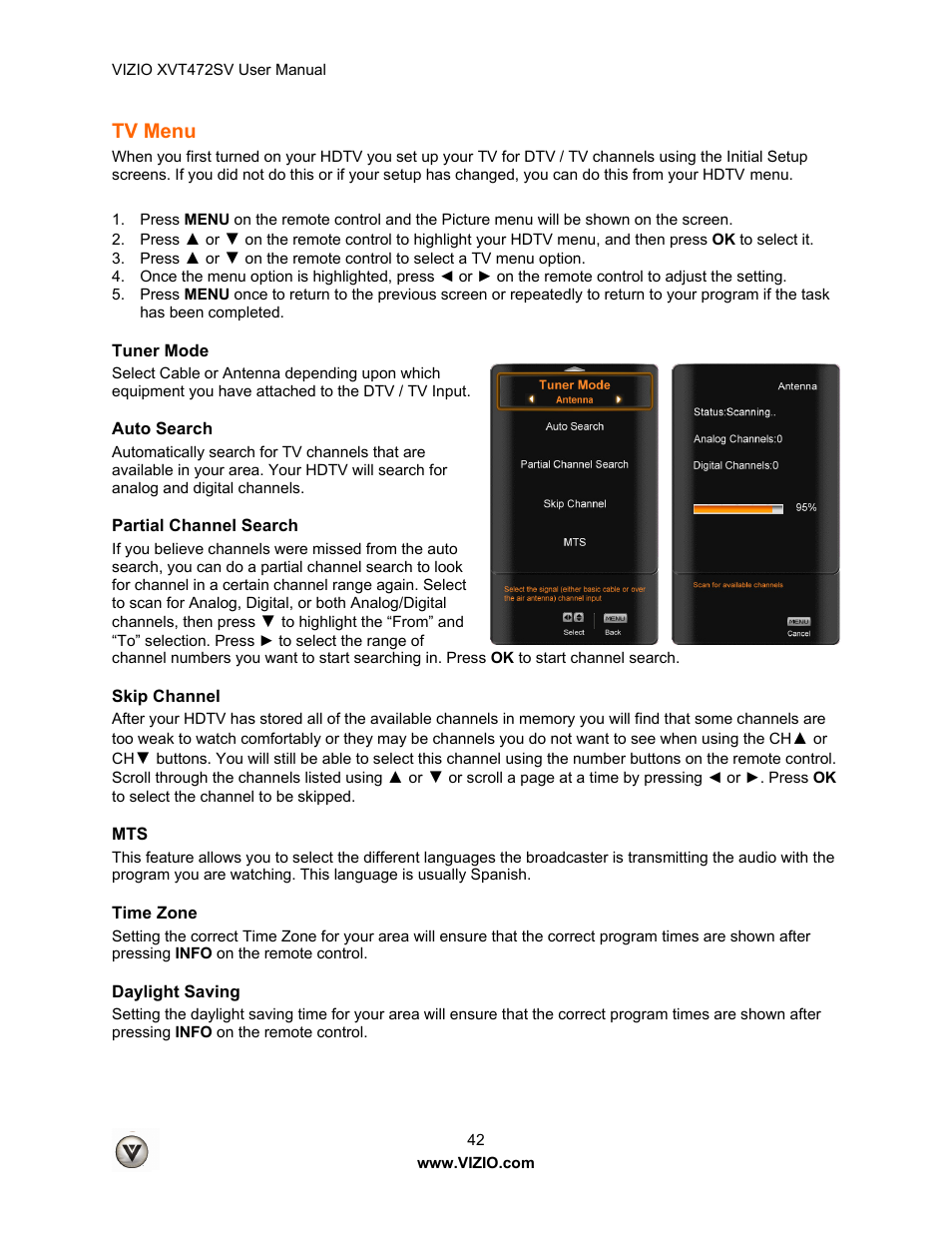Tv menu | Vizio XVT472SV User Manual | Page 42 / 83