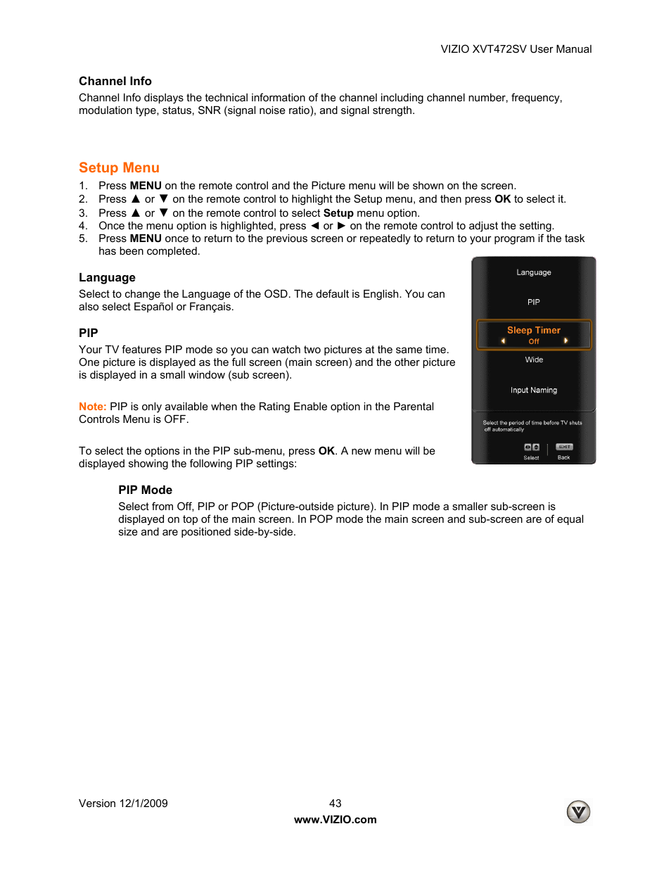 Setup menu | Vizio XVT472SV User Manual | Page 43 / 83