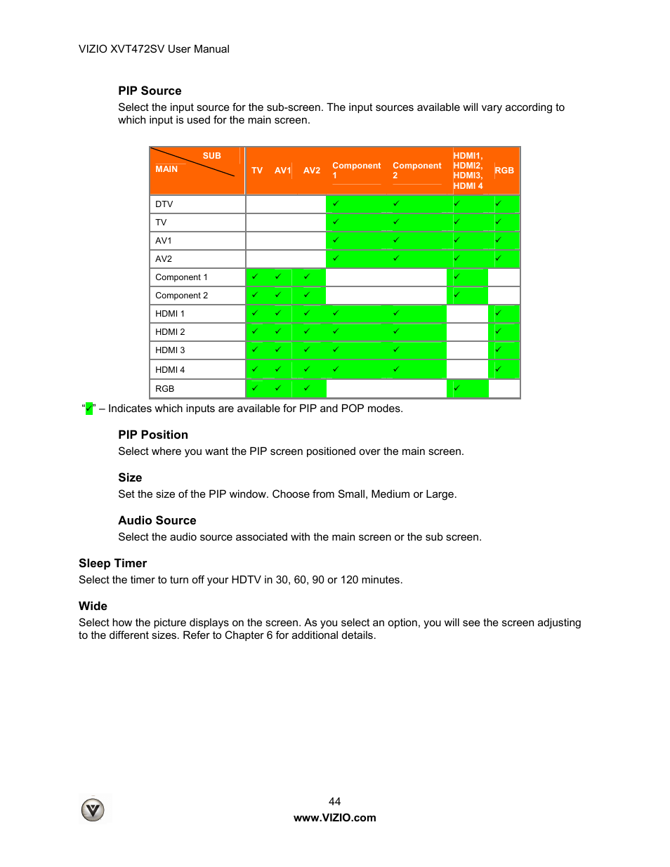 Pip source, Pip position, Size | Audio source, Sleep timer, Wide | Vizio XVT472SV User Manual | Page 44 / 83