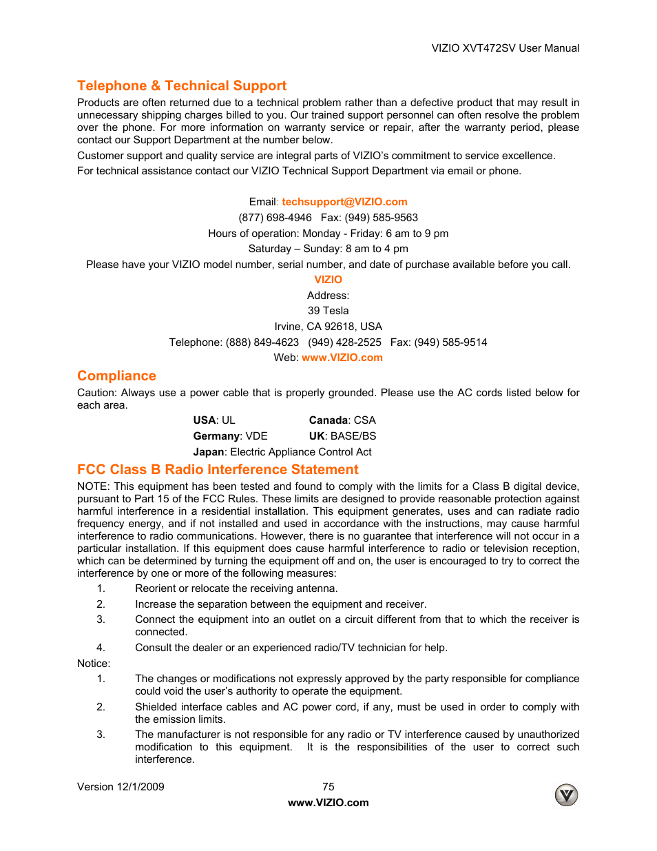Telephone & technical support, Compliance, Fcc class b radio interference statement | Vizio XVT472SV User Manual | Page 75 / 83