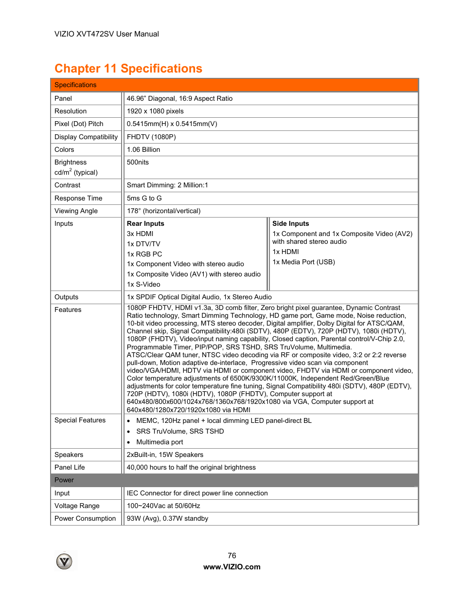 Chapter 11 specifications | Vizio XVT472SV User Manual | Page 76 / 83