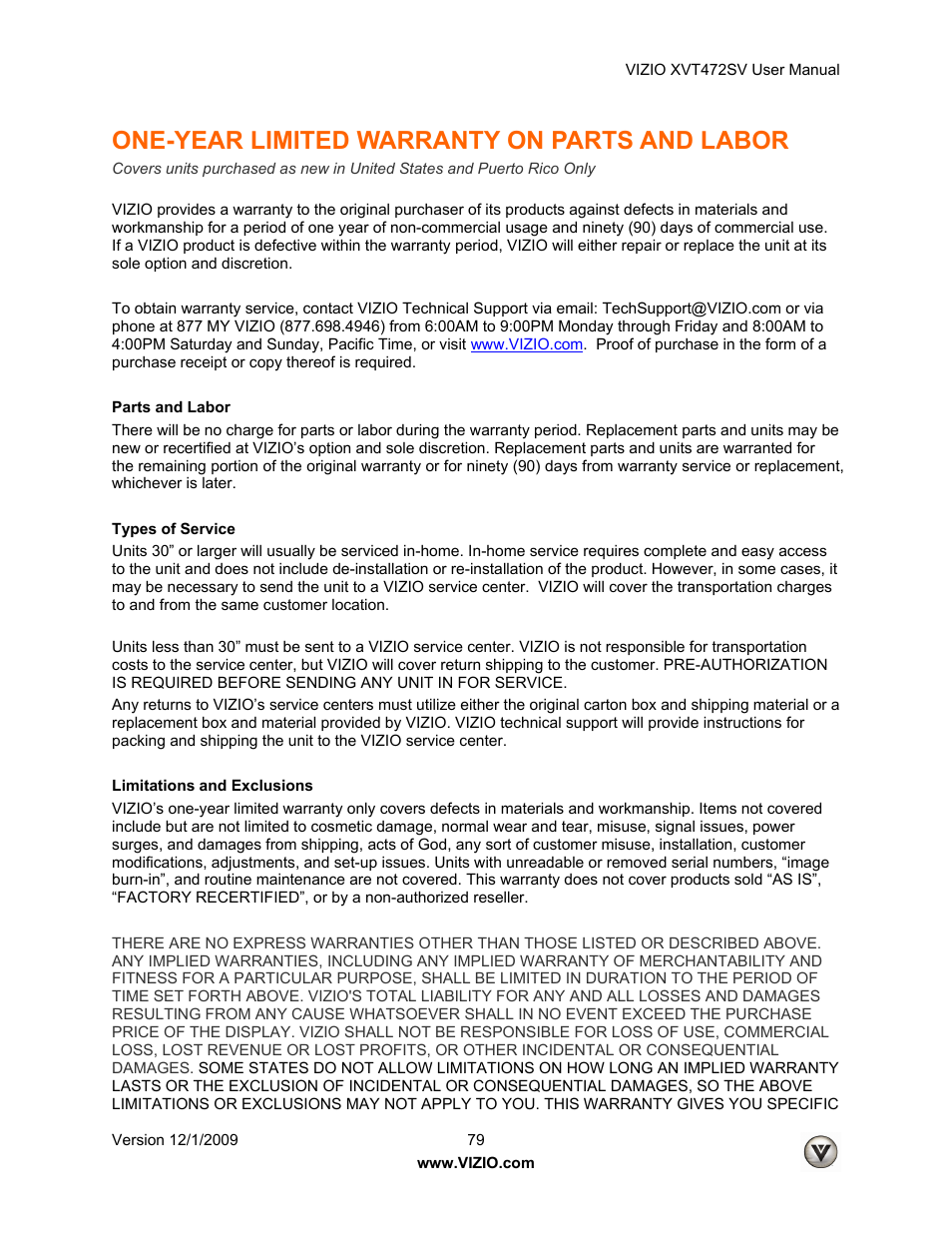 One-year limited warranty on parts and labor | Vizio XVT472SV User Manual | Page 79 / 83