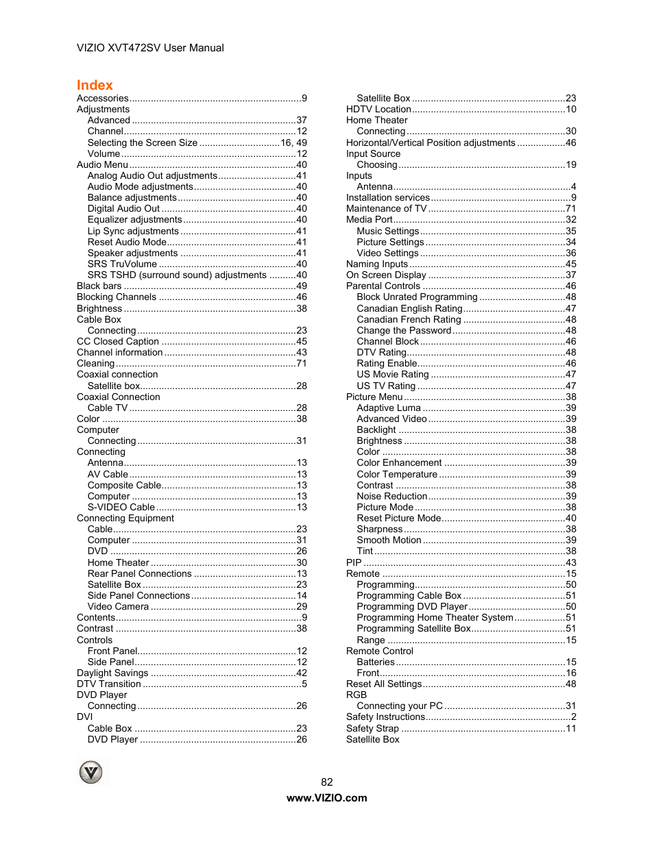 Index | Vizio XVT472SV User Manual | Page 82 / 83