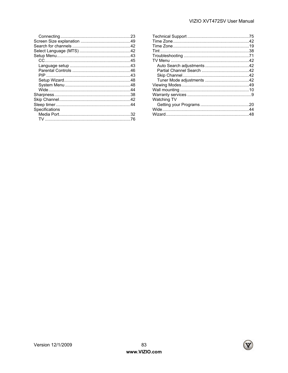 Vizio XVT472SV User Manual | Page 83 / 83