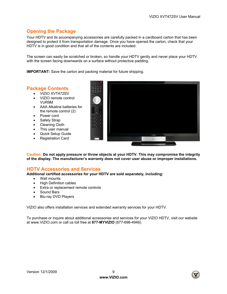 Opening the package, Package contents, Hdtv accessories and services | Vizio XVT472SV User Manual | Page 9 / 83