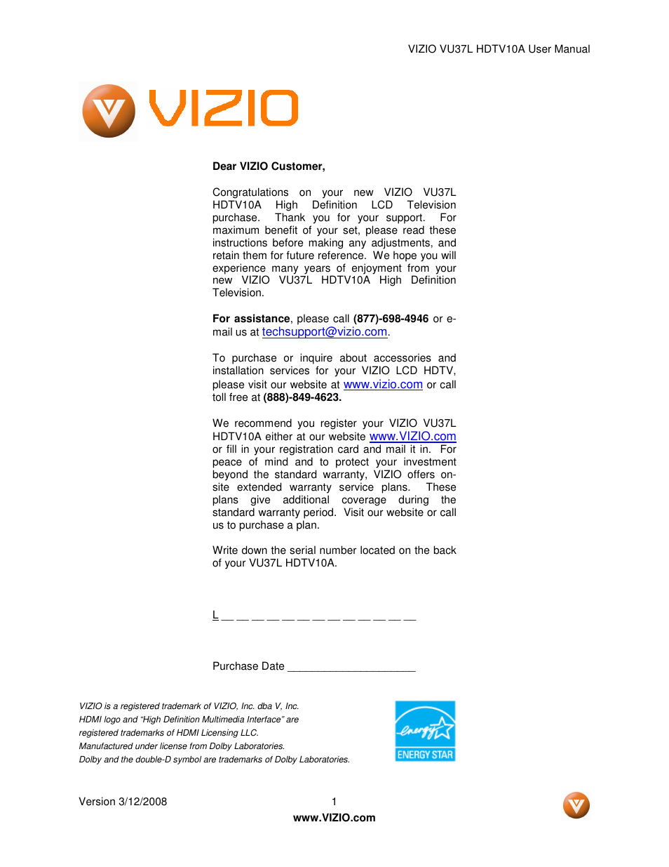 Vizio VU37L User Manual | 74 pages