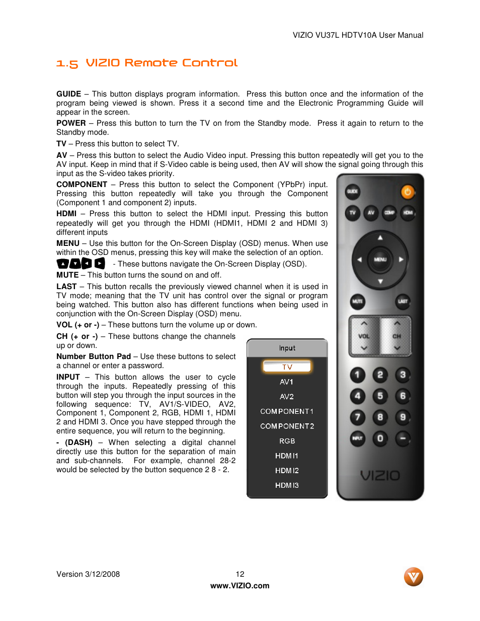 Vizio VU37L User Manual | Page 12 / 74