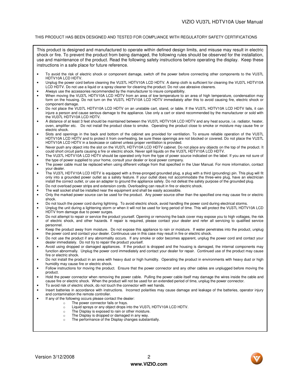 Vizio VU37L User Manual | Page 2 / 74