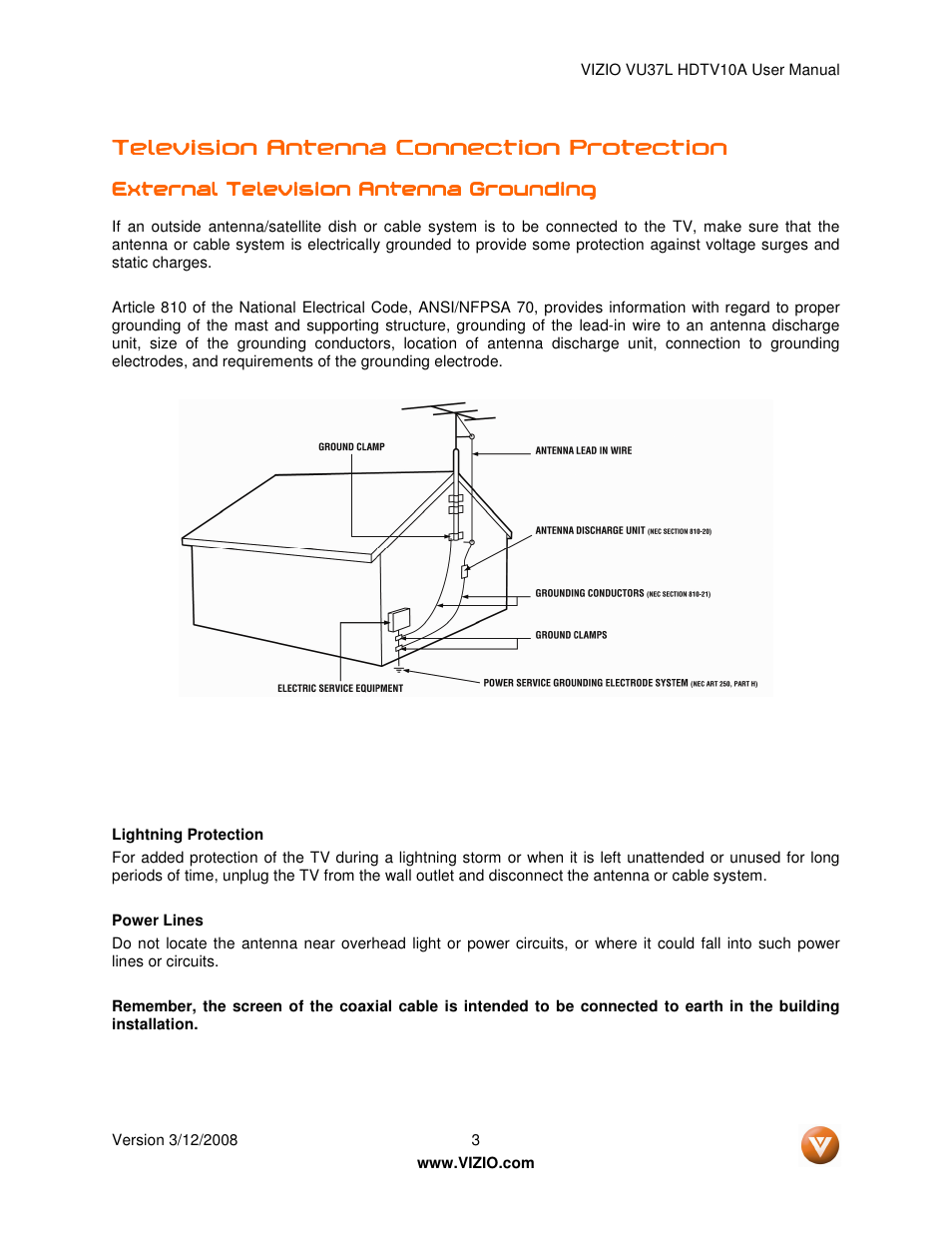 Television antenna connection protection | Vizio VU37L User Manual | Page 3 / 74