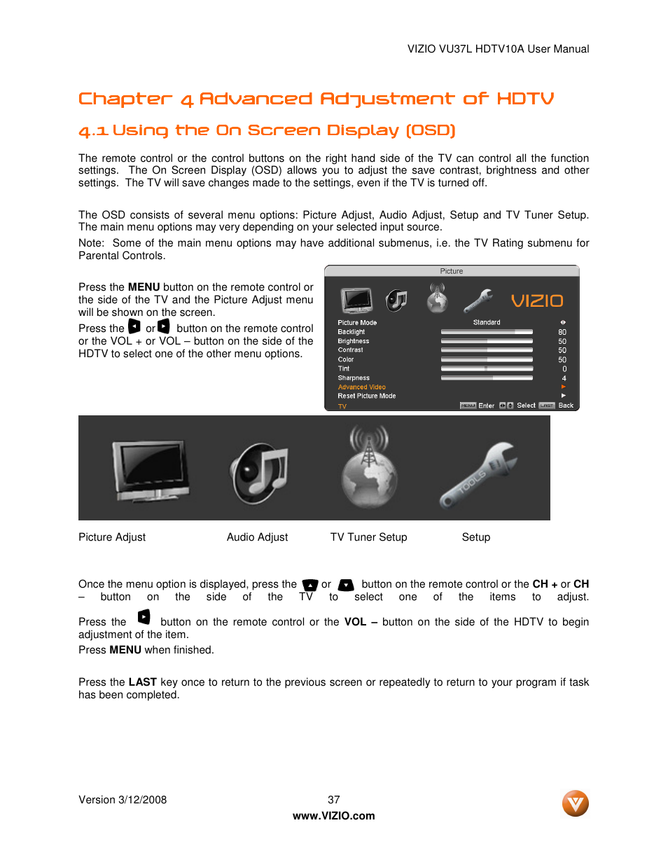 Chapter 4 | Vizio VU37L User Manual | Page 37 / 74