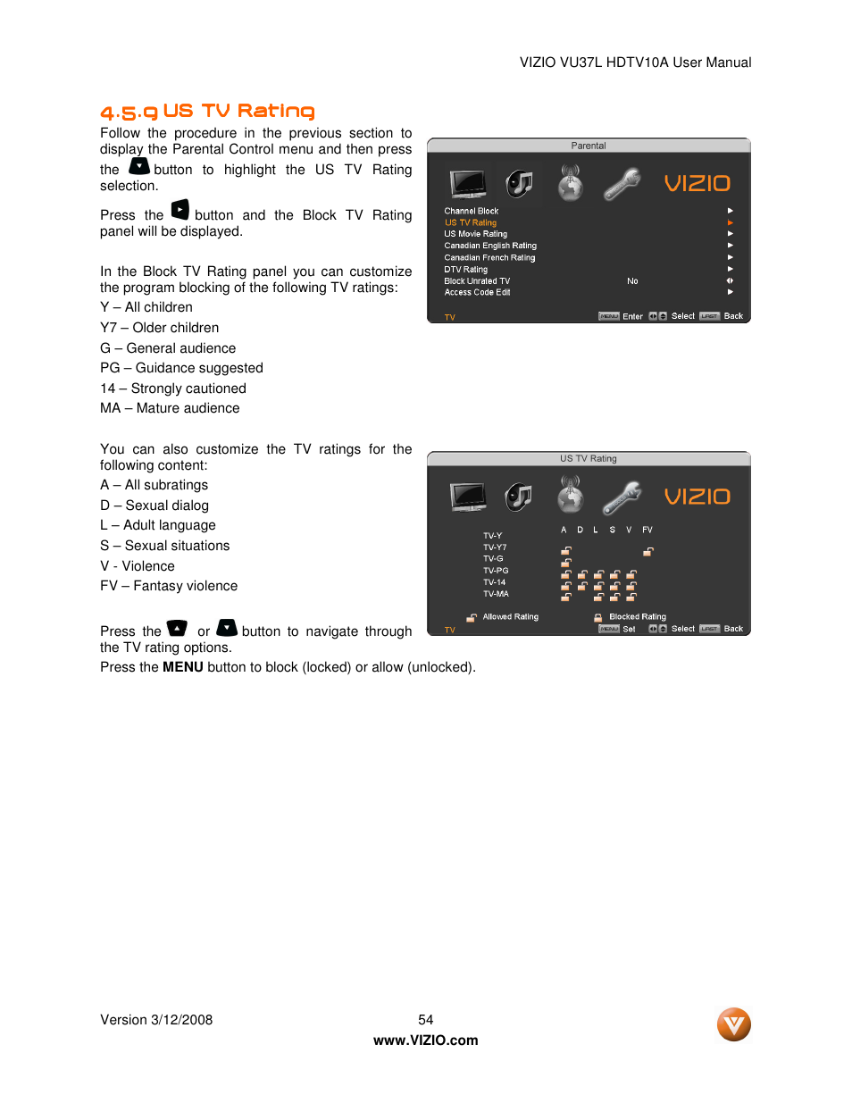 Vizio VU37L User Manual | Page 54 / 74
