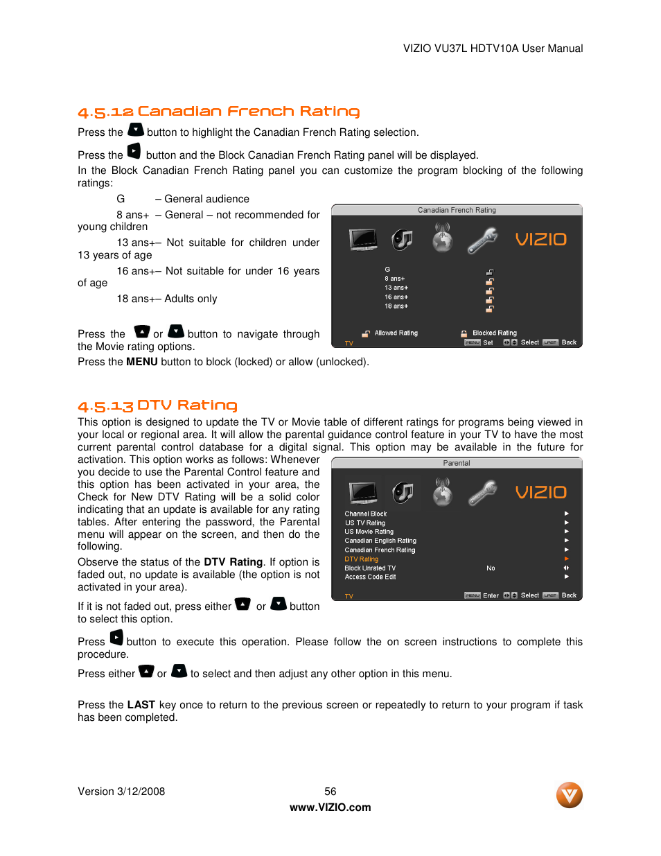 13 dtv rating dtv rating dtv rating dtv rating | Vizio VU37L User Manual | Page 56 / 74