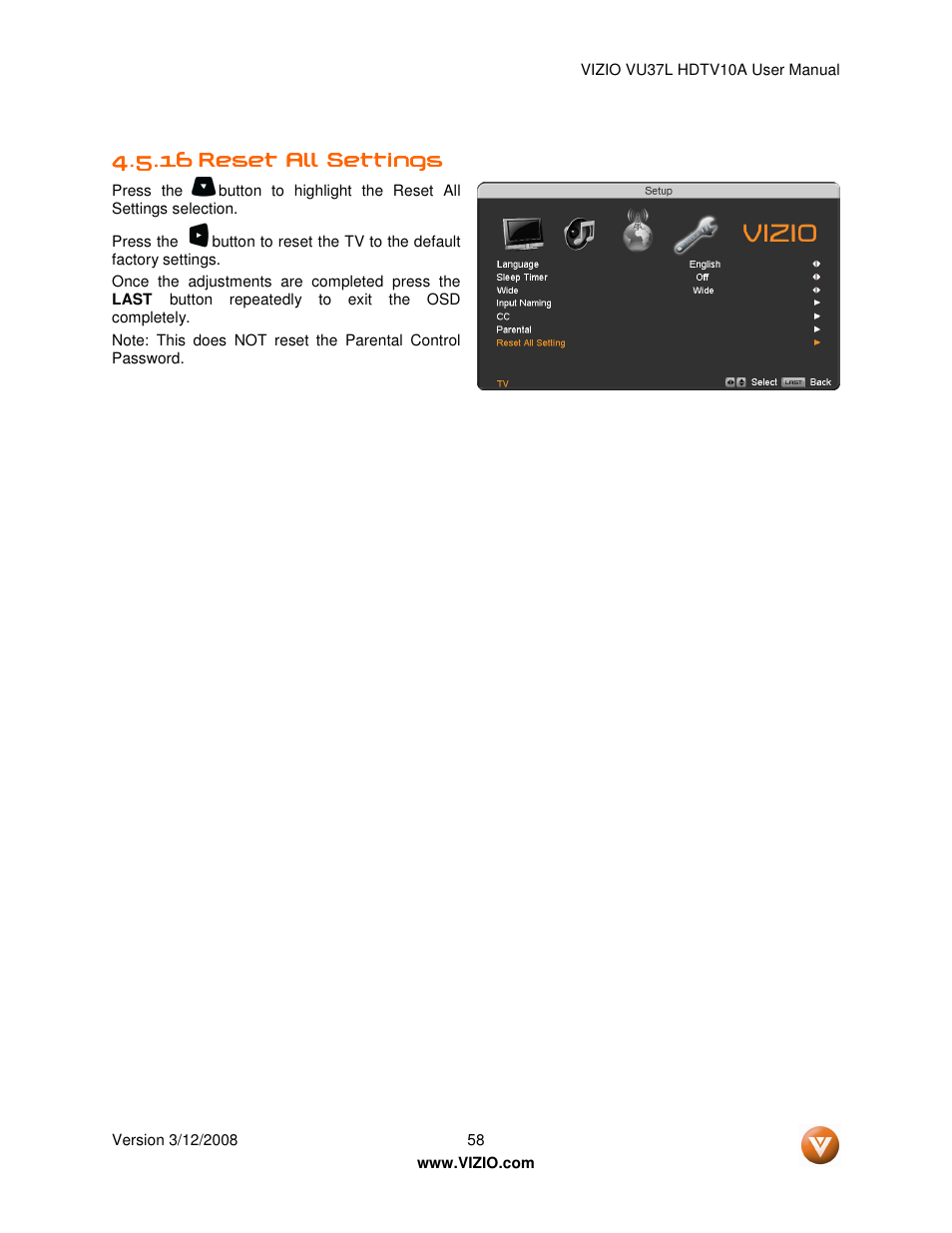 Vizio VU37L User Manual | Page 58 / 74