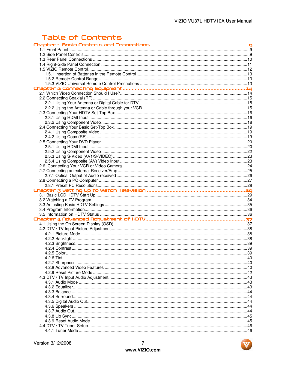 Vizio VU37L User Manual | Page 7 / 74