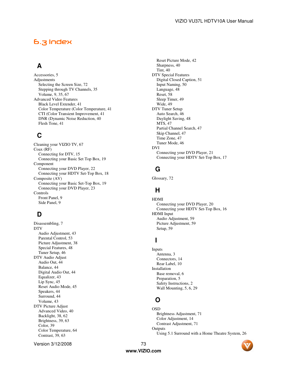 3 index index index index | Vizio VU37L User Manual | Page 73 / 74