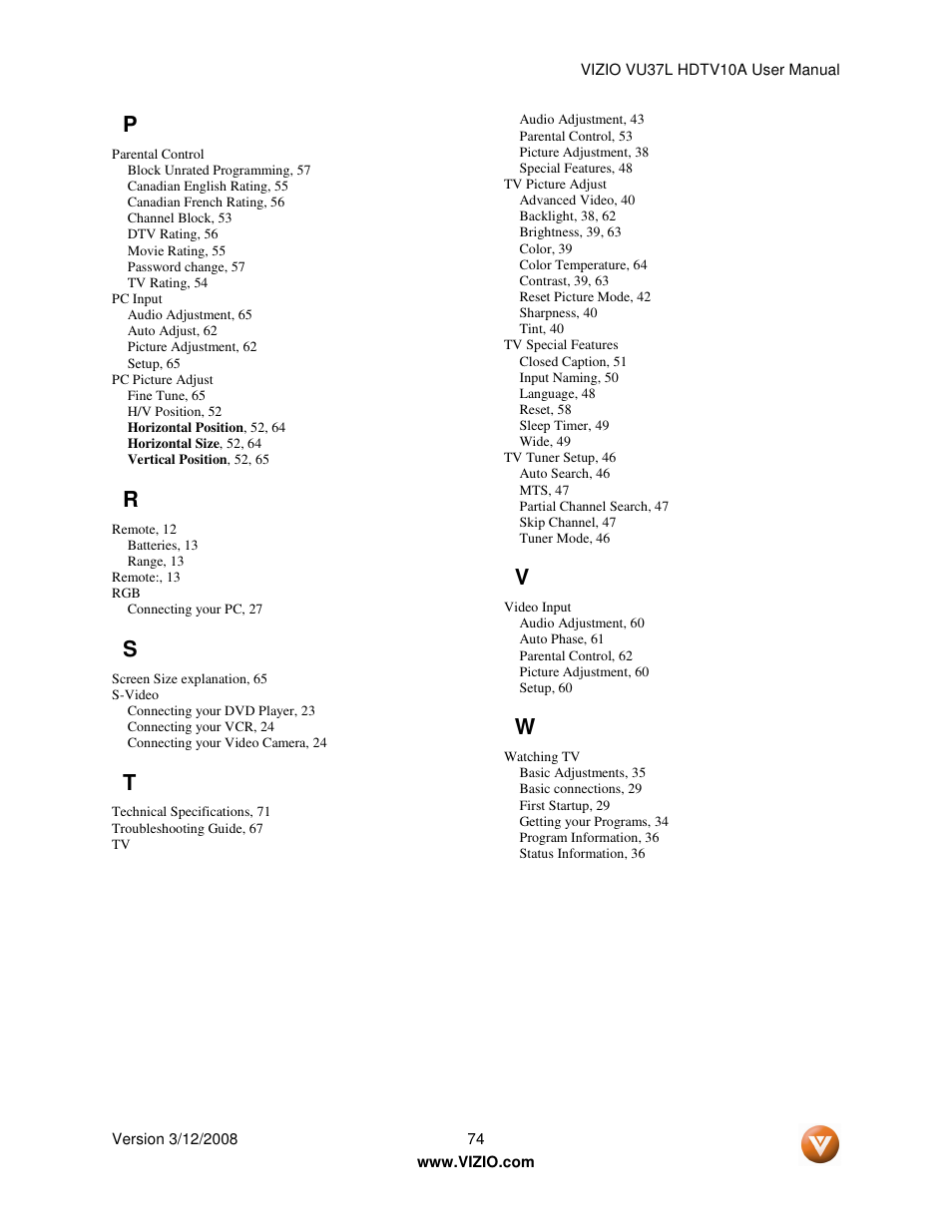 Vizio VU37L User Manual | Page 74 / 74