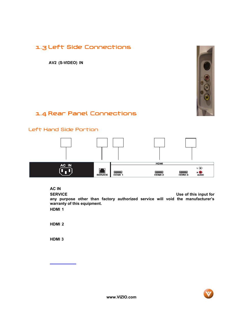 Left side connections, 4 rear panel connections, 3 left side connections | Vizio VX52L User Manual | Page 10 / 79