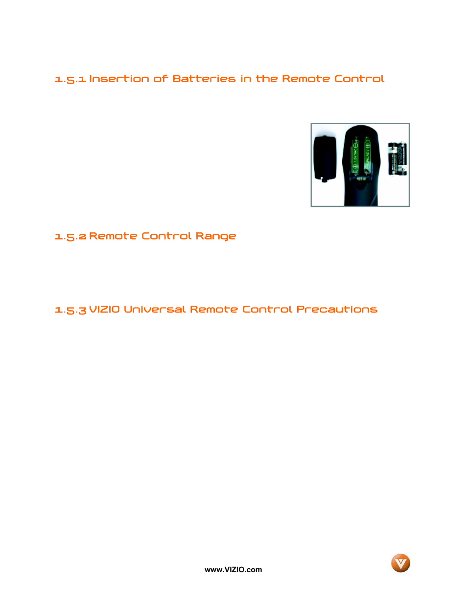 1 insertion of batteries in the remote control, 2 remote control range, 3 vizio universal remote control precautions | Vizio VX52L User Manual | Page 15 / 79