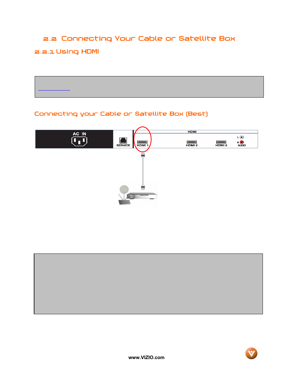 2 connecting your cable or satellite box, 1 using hdmi | Vizio VX52L User Manual | Page 17 / 79