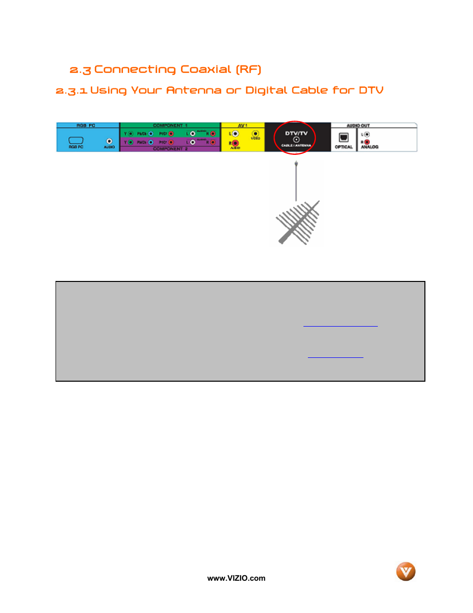 3 connecting coaxial (rf), 1 using your antenna or digital cable for dtv | Vizio VX52L User Manual | Page 20 / 79