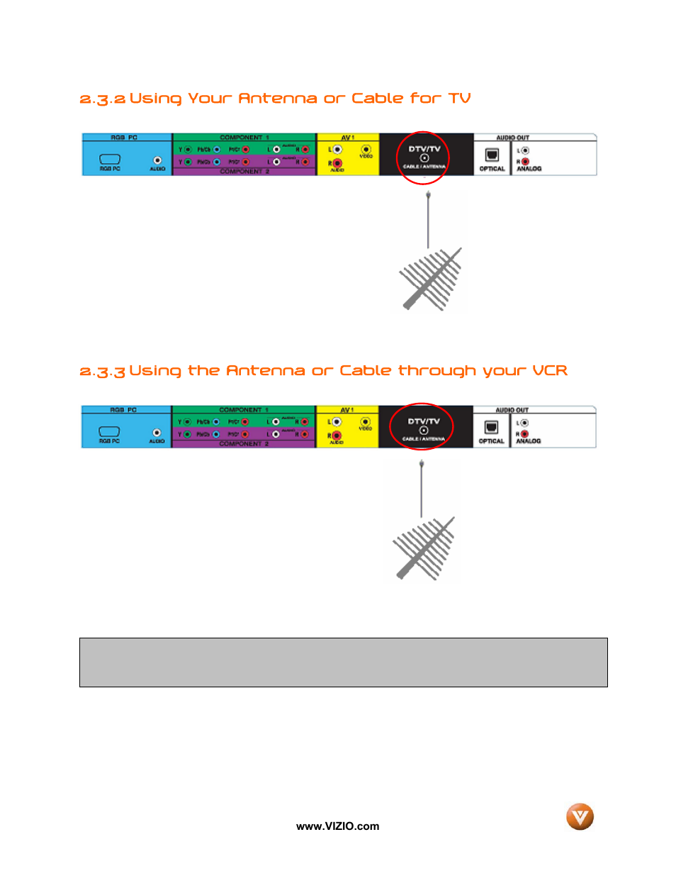 2 using your antenna or cable for tv, 3 using the antenna or cable through your vcr | Vizio VX52L User Manual | Page 21 / 79