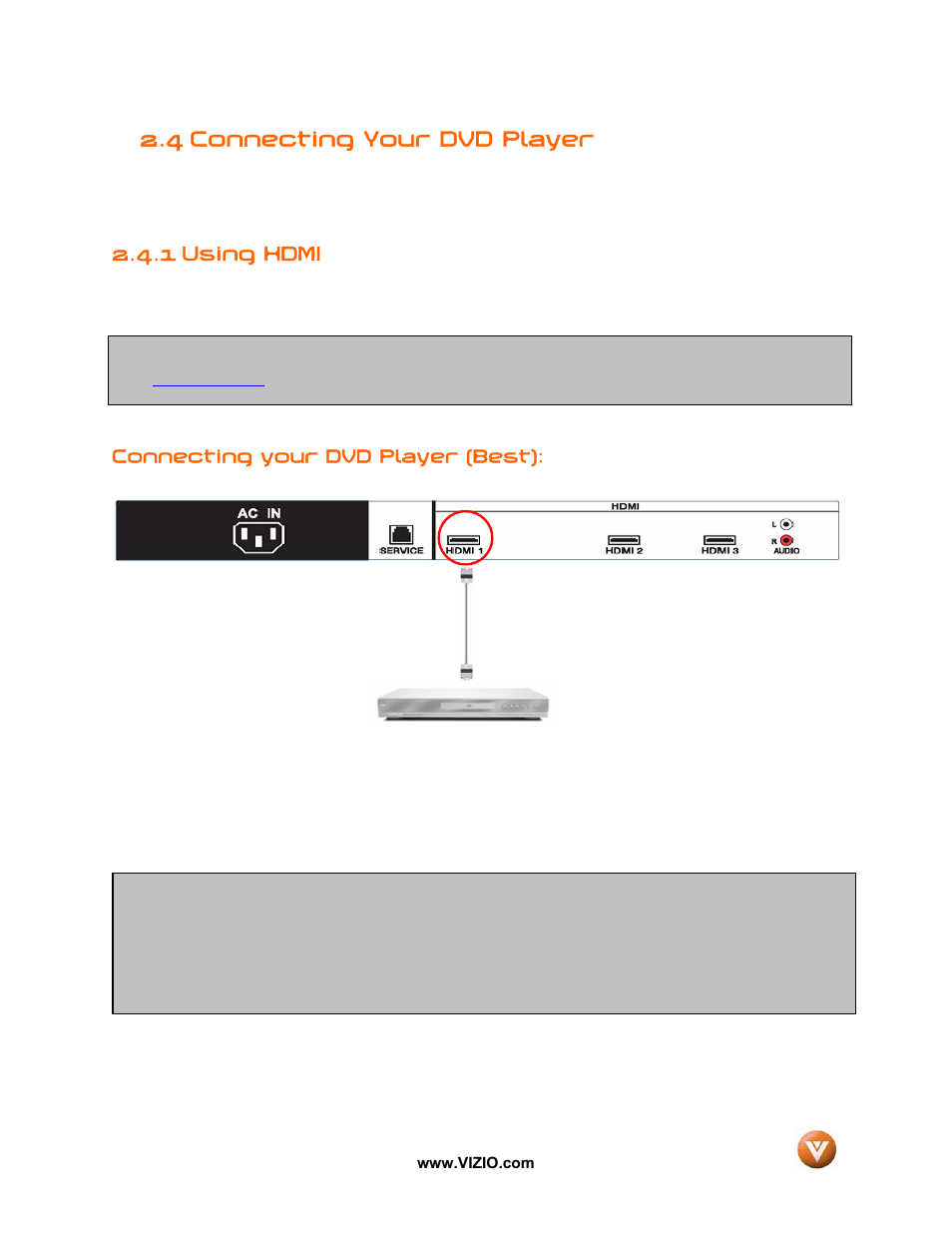 4 connecting your dvd player, 1 using hdmi | Vizio VX52L User Manual | Page 22 / 79