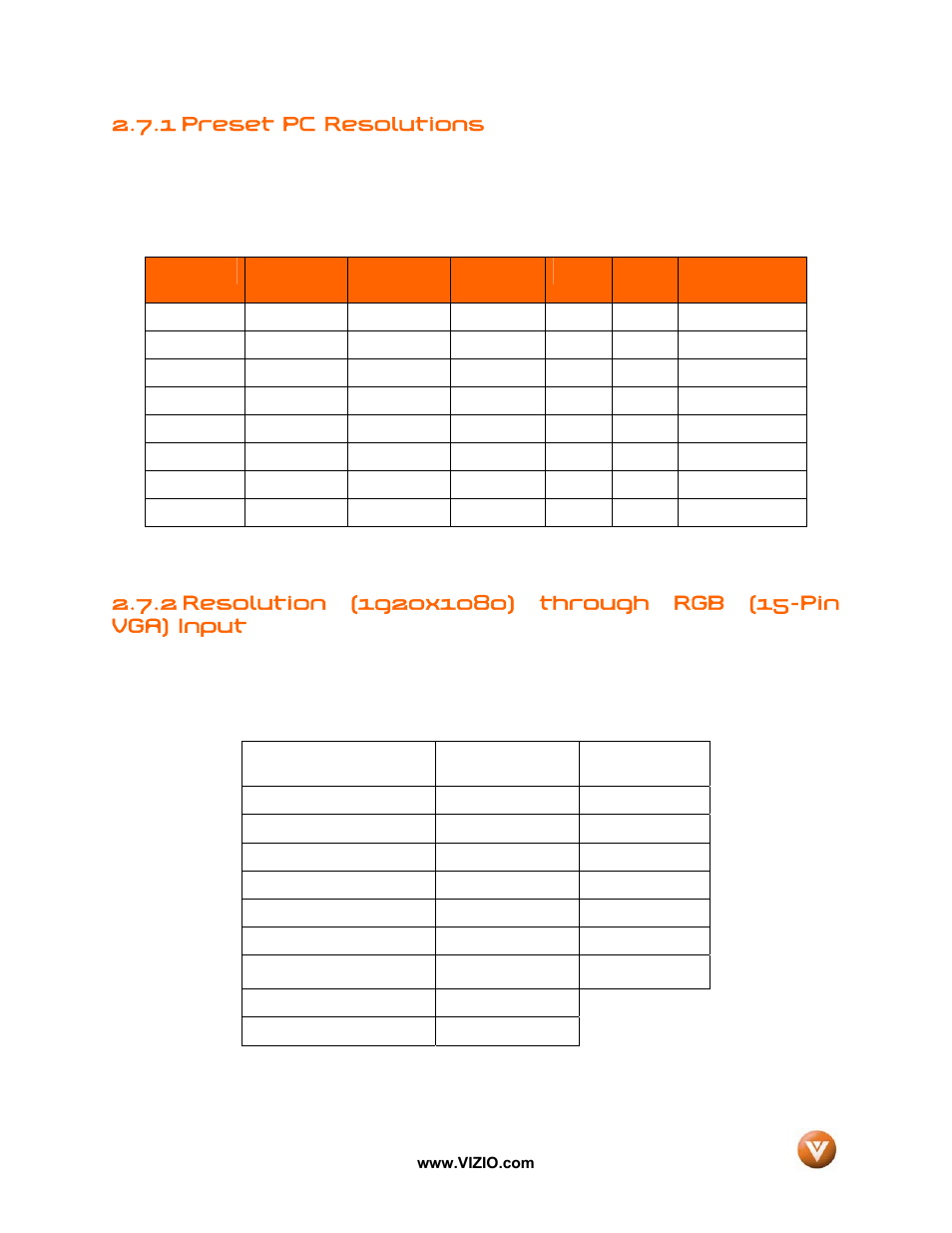 1 preset pc resolutions | Vizio VX52L User Manual | Page 30 / 79