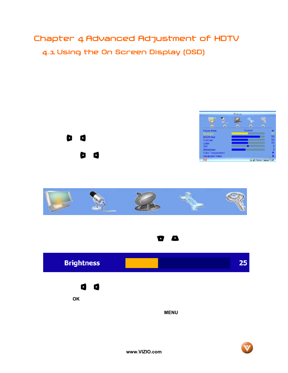 Chapter 4 advanced adjustment of hdtv, 1 using the on screen display (osd) | Vizio VX52L User Manual | Page 37 / 79