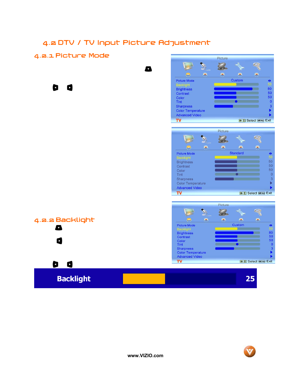 2 dtv / tv input picture adjustment, Picture mode, 2 backlight | 1 picture mode | Vizio VX52L User Manual | Page 38 / 79