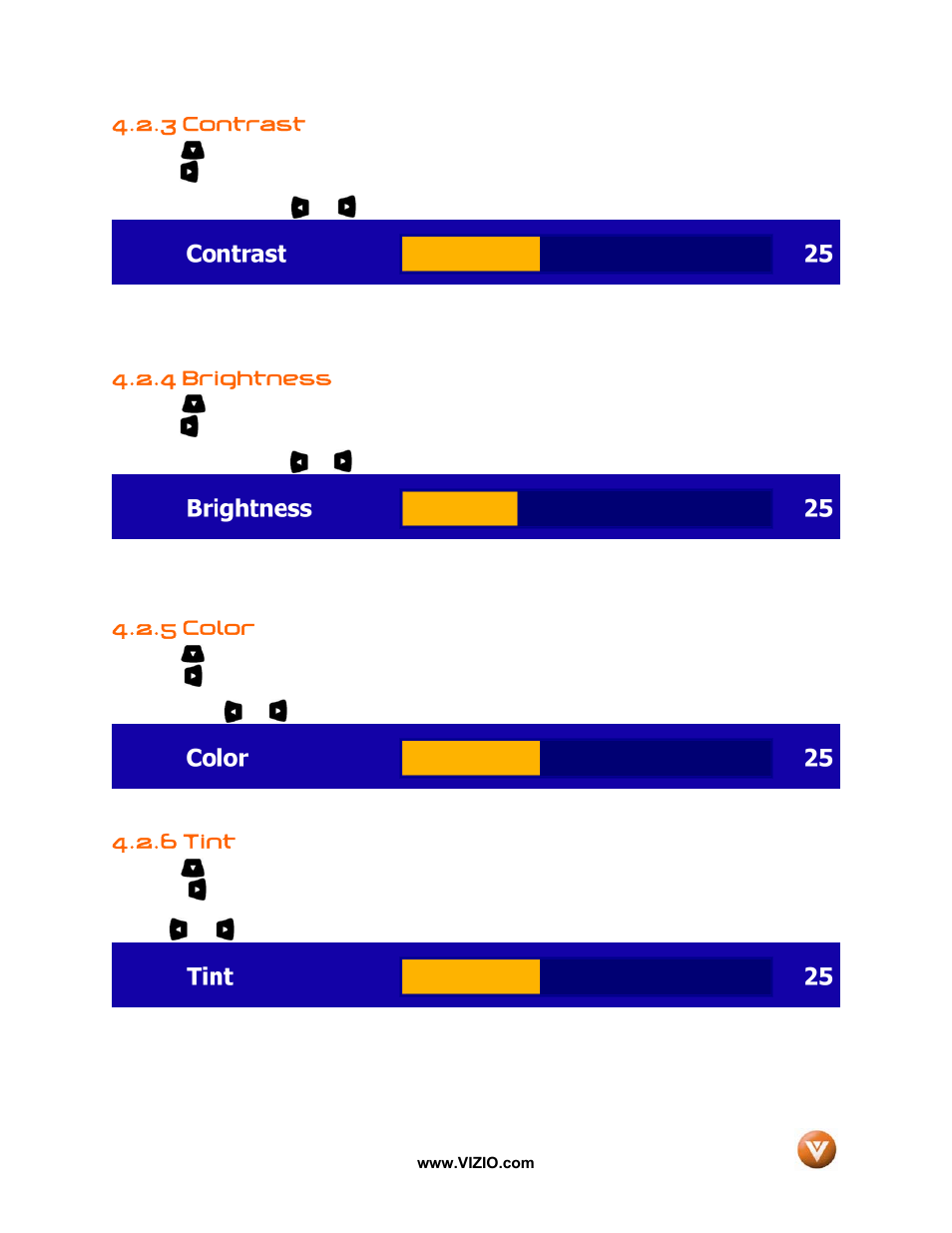 3 contrast, 4 brightness, 5 color | 6 tint | Vizio VX52L User Manual | Page 39 / 79