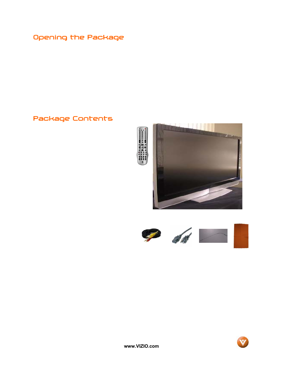 Opening the package, Package contents | Vizio VX52L User Manual | Page 4 / 79