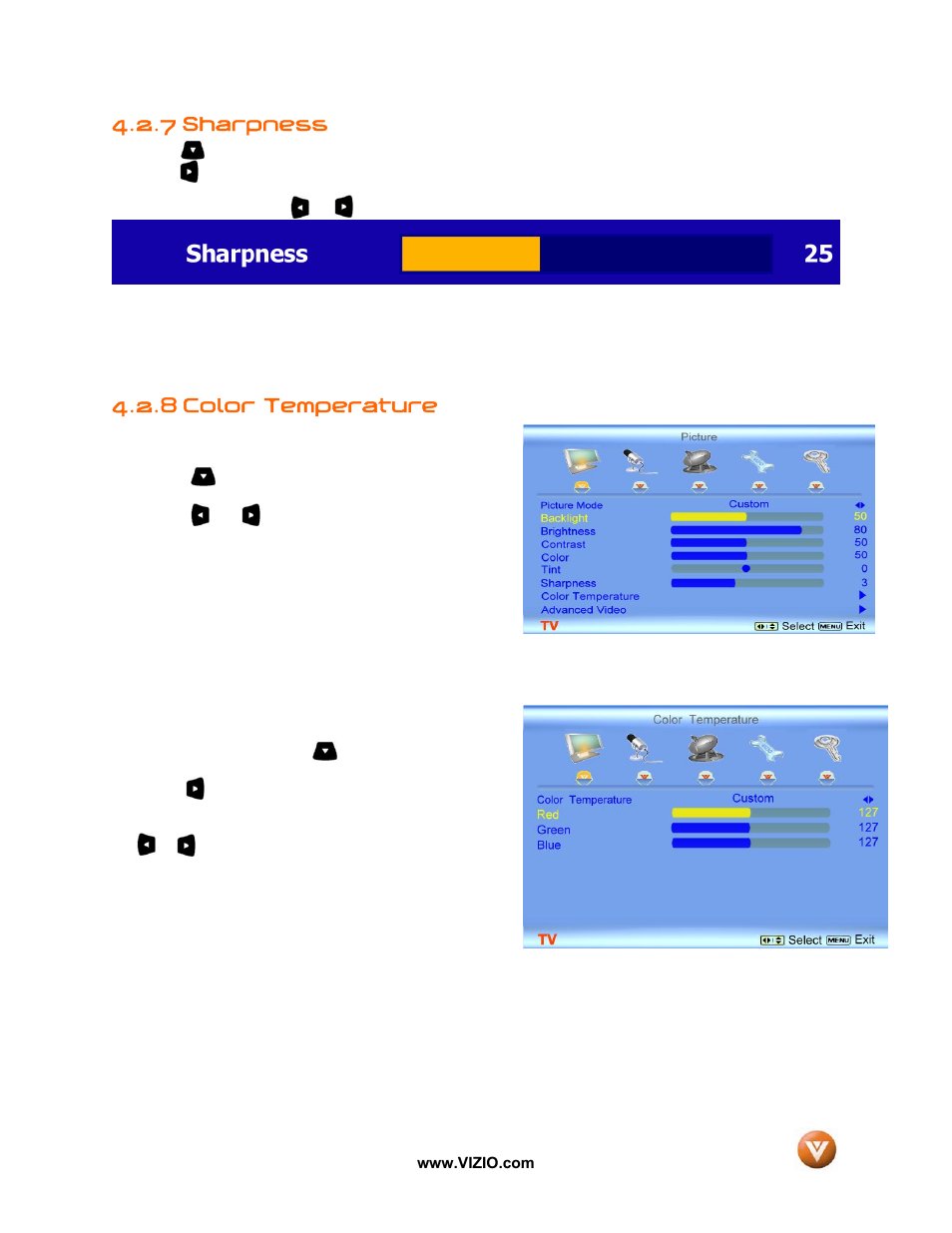 7 sharpness, 8 color temperature | Vizio VX52L User Manual | Page 40 / 79