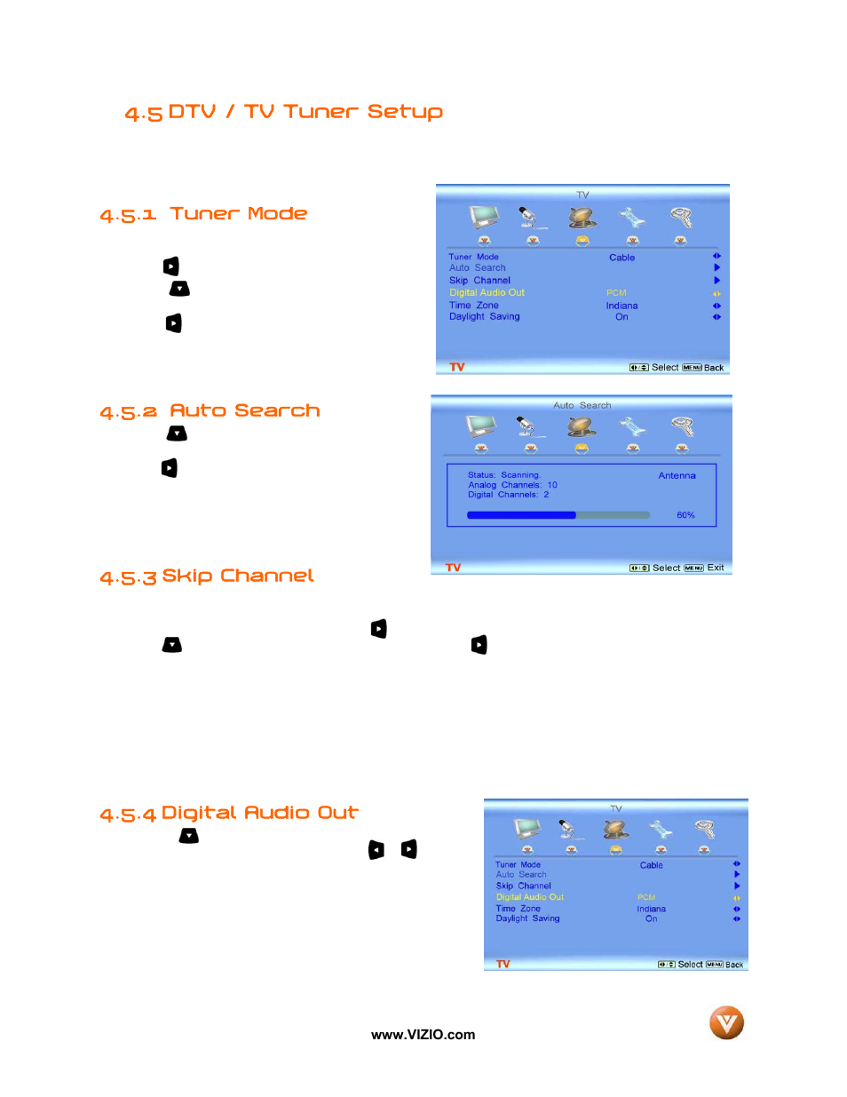 5 dtv / tv tuner setup, 1 tuner mode, Auto search | 3 skip channel, Digital audio out, 2 auto search, 4 digital audio out | Vizio VX52L User Manual | Page 44 / 79