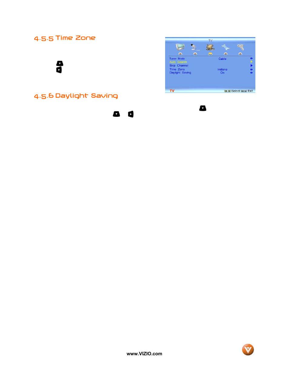 Time zone, 6 daylight saving, 5 time zone | Vizio VX52L User Manual | Page 45 / 79