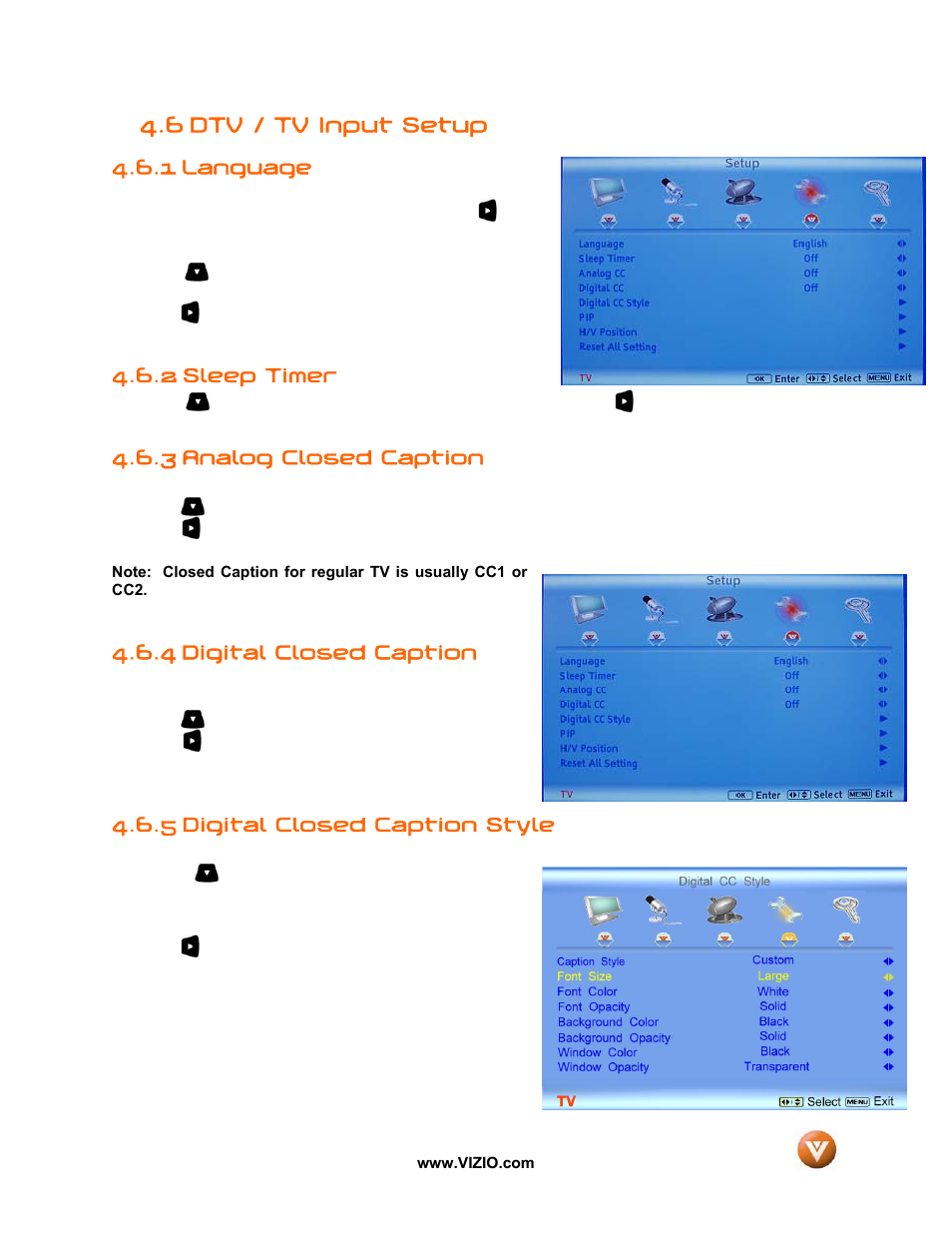 6 dtv / tv input setup, Language, 2 sleep timer | 3 analog closed caption, 4 digital closed caption, 5 digital closed caption style, 1 language | Vizio VX52L User Manual | Page 46 / 79