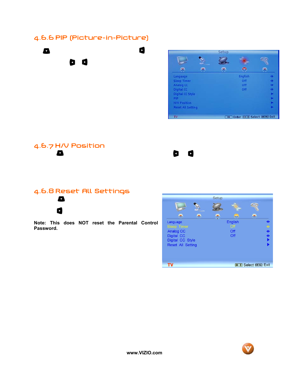 6 pip (picture-in-picture), 7 h/v position, Reset all settings | 8 reset all settings | Vizio VX52L User Manual | Page 47 / 79