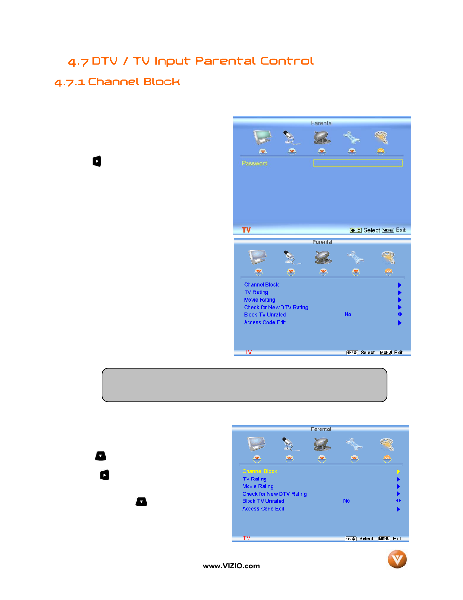 7 dtv / tv input parental control, 1 channel block | Vizio VX52L User Manual | Page 48 / 79