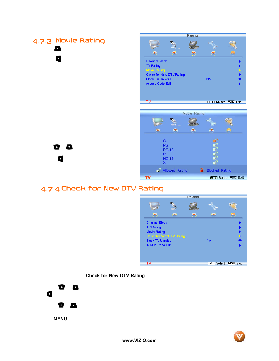 Movie rating, 4 check for new dtv rating, 3 movie rating | Vizio VX52L User Manual | Page 50 / 79