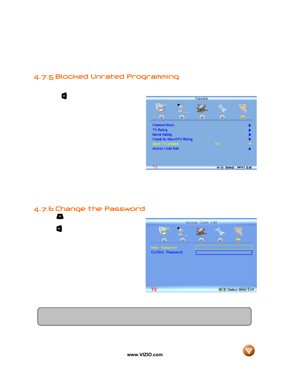 5 blocked unrated programming, 6 change the password | Vizio VX52L User Manual | Page 51 / 79