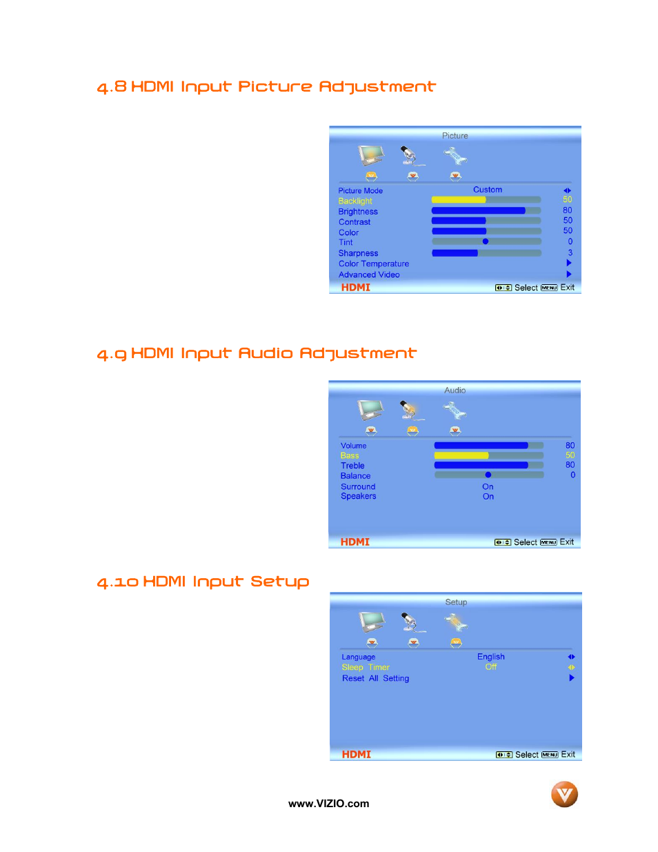 8 hdmi input picture adjustment, 9 hdmi input audio adjustment, Hdmi input setup | 10 hdmi input setup | Vizio VX52L User Manual | Page 52 / 79