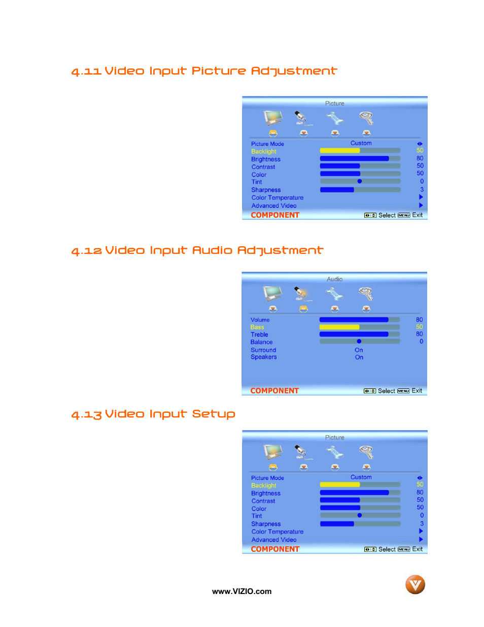 11 video input picture adjustment, Video input audio adjustment, 13 video input setup | 12 video input audio adjustment | Vizio VX52L User Manual | Page 53 / 79