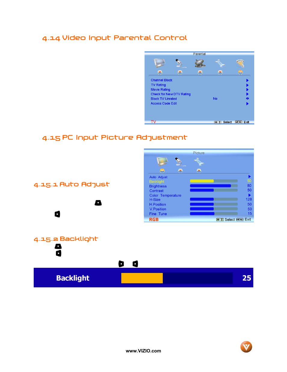 14 video input parental control, 15 pc input picture adjustment, 1 auto adjust | 2 backlight | Vizio VX52L User Manual | Page 54 / 79