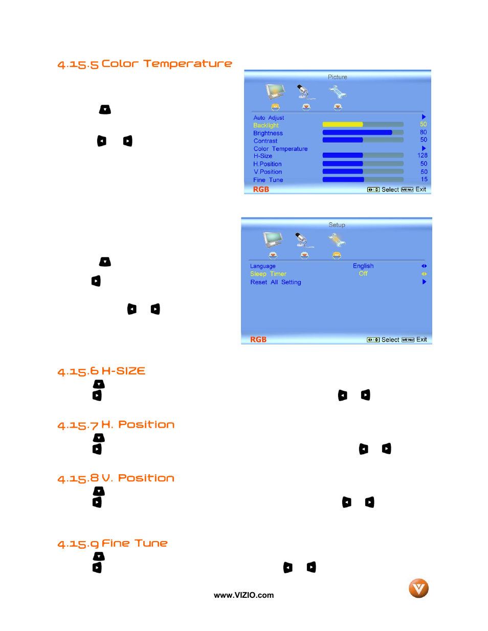 Color temperature, 6 h-size, 7 h. position | 8 v. position, 9 fine tune, 5 color temperature | Vizio VX52L User Manual | Page 56 / 79